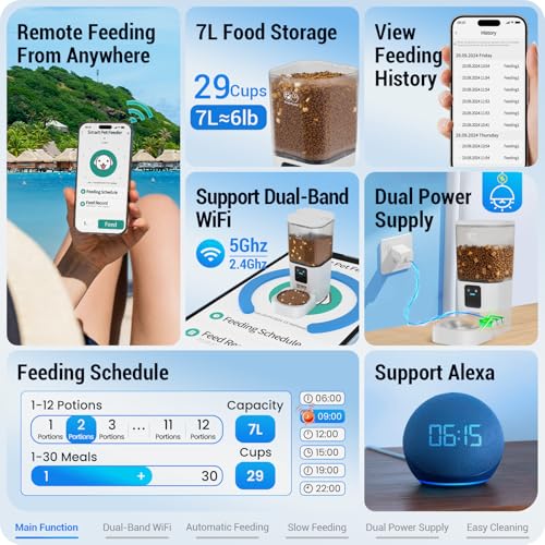 Automatic Cat Feeder with 5G WiFi: Automatic Dog Feeder with Slow Feed & Smart APP Control, 7L Timed Auto Cat Food Dispenser with Alexa for Pets, Detachable for Easy Cleaning - 29 Cups - color: White-1