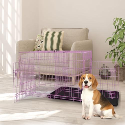 Dog Crate, 24/30/36/42/48 Inch Dog Crates for Small Medium Large Dogs Indoor, Folding Metal Dog Kennel Dog Cage with Double-Door, Divider Panel, Removable Tray, Locks and Handle, (36 Inch, Pink) - color: PINK, size: 36.0"L x 22.0"W x 25.0"H