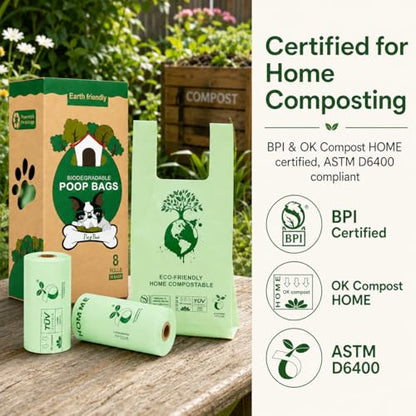 Home Compostable Dog Poop Bags, BPI & OK Compost HOME Certified | 0.6 Gallon, Thick Gusseted Unscented, 80ct, LeakProof T-Shirt Handles for Easy Knotting, Suitable for Small Medium Large Dogs