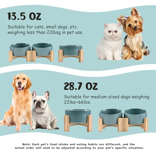 SPUNKYJUNKY 15° Slanted Ceramic Dog and Cat Bowl with Wooden Stand, Tilted Bulldog Food and Water Bowl No Slip Non-Spill for Cats Medium Dogs Big Face Pets 28.7 OZ (3.6 Cups, Light Green × 2) - color: Light Green, size: 3.6 CUPS × 2