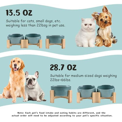 SPUNKYJUNKY 15° Slanted Ceramic Dog and Cat Bowl with Wooden Stand, Tilted Bulldog Food and Water Bowl No Slip Non-Spill for Cats Medium Dogs Big Face Pets 28.7 OZ (3.6 Cups, Light Green) - color: Light Green, size: 3.6 CUPS × 1