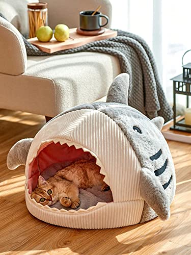 QWINEE Cat Mat Shark-Shaped Kennel Kitten Bed Hideout House Warm Soft Comfortable Semi-Closed Cat Dog Nest Grey Small - color: Grey, size: Small