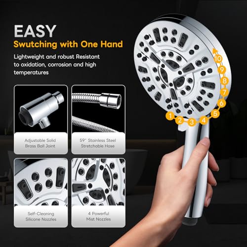 High Pressure 10 Ways Handheld Shower Head Chrome- Anti-clog Nozzles, Built-in Power Wash to Clean Tub, Wall & Overhead Brackets,Magnetitc Rainfall Shower Wand,Built-in 2 Power Jet - color: Chrome
