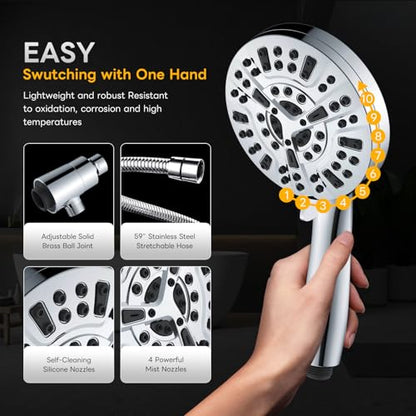 High Pressure 10 Ways Handheld Shower Head Chrome- Anti-clog Nozzles, Built-in Power Wash to Clean Tub, Wall & Overhead Brackets,Magnetitc Rainfall Shower Wand,Built-in 2 Power Jet - color: Chrome