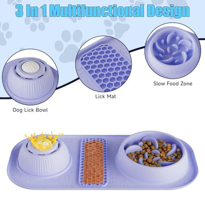 Dog Lick Bowl with Rolling Ball, 3 in 1 Slow Feeder Dog Bowls, Bone Broth Dog Licking Bowl with Lick Mat & Interactive Rolling Ball, Non-Slip Dog Enrichment Toy for Small Medium Large Breed