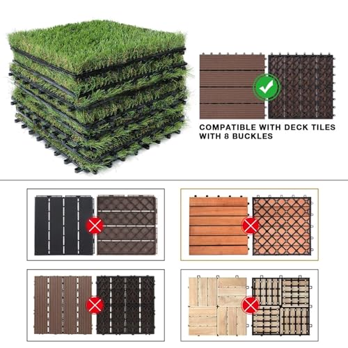 XLX TURF Interlocking Fake Grass Tiles 12 X 12 Inch, Self-draining Artificial Grass Squares for Patio, Balcony, U Shape Buckle System, 6 Pack - color: U Shape Lock Tile-green, size: 12"x12"/6 Piece