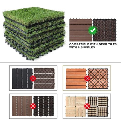 XLX TURF Interlocking Fake Grass Tiles 12 X 12 Inch, Self-draining Artificial Grass Squares for Patio, Balcony, U Shape Buckle System, 6 Pack - color: U Shape Lock Tile-green, size: 12"x12"/6 Piece