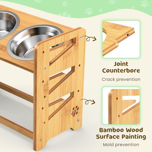 Elevated Dog Bowls, Adjustable Raised Dog Bowl Stand for Large and Medium Pet, 15" High Bamboo Pet Food Feeder with 2 Stainless Steel Dishes（6 Heights） - size: Large sized dogs