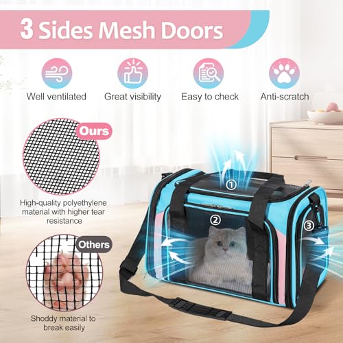 Discala Cat Dog Carrier Up to 15 Lbs TSA Airline Approved Pet Carrier for Small Medium Cats Puppies Dog Carriers for Small Dogs Collapsible Soft Sided Cat Travel Carrier - Blue&Pink 17"x11"x11" - color: Blue&Pink