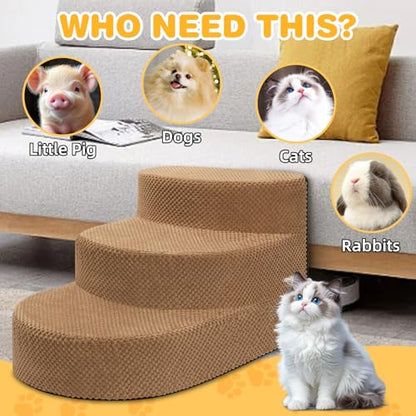 Dog Stairs 3 Steps Foam Pet Ramp for Small Dogs Cats, Khaki | Non-slip foam stairs with washable cover, ideal for beds & sofas. Sturdy, safe & easy to clean. - color: Khaki-3-Step