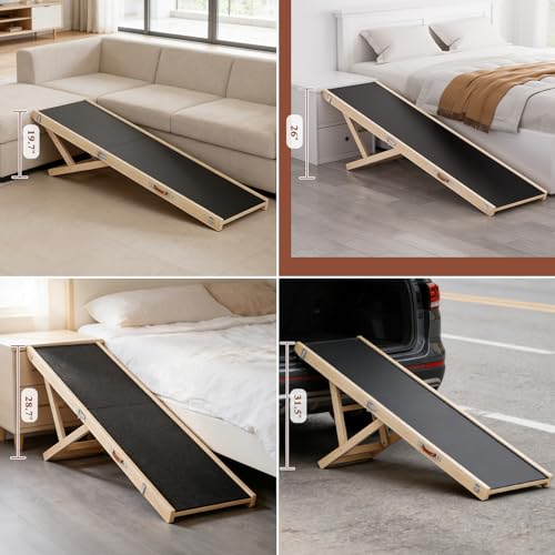 Dog Ramp for High Bed, 64" Long Foldable Pet Ramp for Any Dogs | 5 Heights 19.7"-31.5", Holds 200 lbs, Foldable, No Assembly, For Older/Injured Pets, Solid Wood, Anti-slip Yoga Mat - size: 63"L x 16.7"W x 2.4"H
