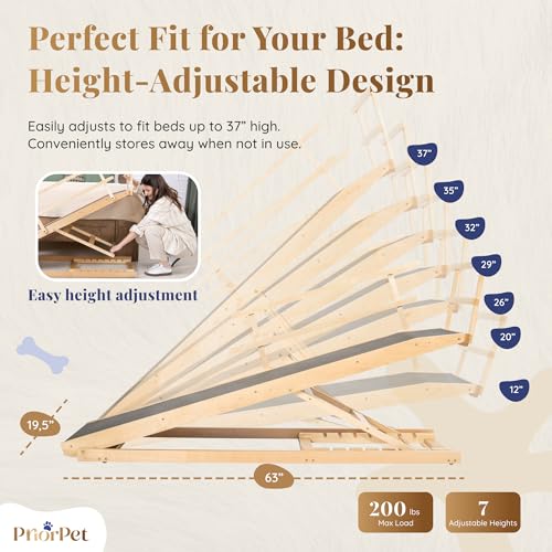 Dog Ramp for Bed with Safety Rails for High Beds up to 37" – Extra Wide 19.5" Adjustable Dog Bed Ramp for Large Dogs up to 200 lbs – Solid Birchwood, Non-Slip Rubber Surface, Foldable Design – Natural - color: Natural
