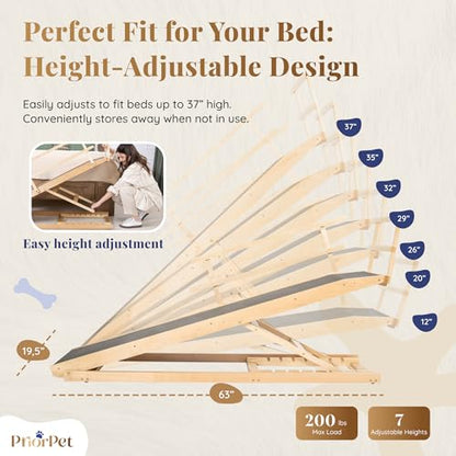 Dog Ramp for Bed with Safety Rails for High Beds up to 37" – Extra Wide 19.5" Adjustable Dog Bed Ramp for Large Dogs up to 200 lbs – Solid Birchwood, Non-Slip Rubber Surface, Foldable Design – Natural - color: Natural