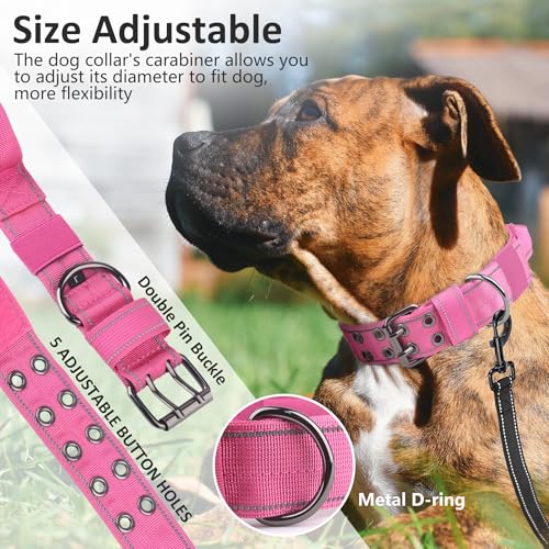 Tactical Dog Collar with Control Handle, Military Adjustable Pet Collar Reflective Heavy Metal Buckle Dog Collar, Soft Nylon Training Collar for Medium Large Dogs (Rose Red, Medium) - color: Rose Red, size: Medium