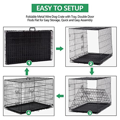 24'' Foldable Metal Wire Dog Crate Double Door, Folding Portable Dog Cage Double Lock, Collapsible Small Dog Crate w/Leak-Proof Pan/Divider/Handle, Puppy Crate Dog Kennel for Small Dogs Indoor