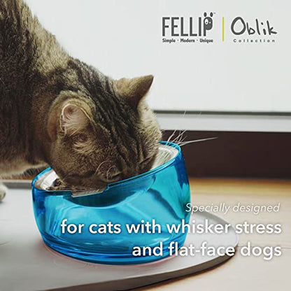 Felli Pet Oblik Whisker Fatigue Cat Food Bowl Raised Stainless Steel Shallow Dish, Pet Design Anti Vomit Tilted Metal Plate Feeder Elevated Acrylic Base(Sapphire, 0.5 Cups Shallow Dish) - color: Sapphire, size: 0.5 Cups Shallow Dish