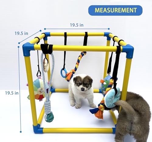 Dewonch Puppy Play Gym with 8 Hanging Toys, Small Dogs Indoor Jungle Gym, PVC Frame with Bungee Straps Enrichment Activity Center