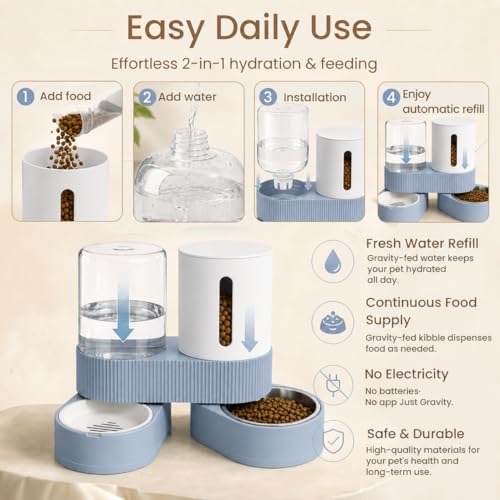 Gravity Cat Feeder 2 Pack Automatic Food Feeder Stainless Steel Water Dispenser Set 360 Degree Rotatable Pet Bowls with Silicone Mat for Cats Small Medium Dogs, Large Capacity(Blue) - color: Blue-With mat