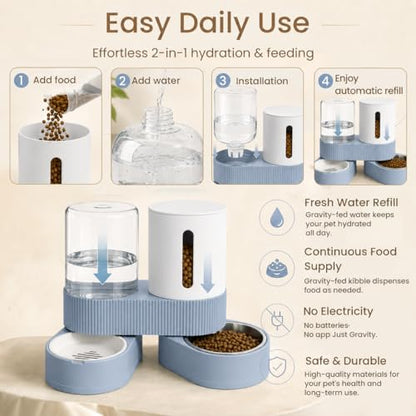 Gravity Cat Feeder 2 Pack Automatic Food Feeder Stainless Steel Water Dispenser Set 360 Degree Rotatable Pet Bowls with Silicone Mat for Cats Small Medium Dogs, Large Capacity(Blue) - color: Blue-With mat