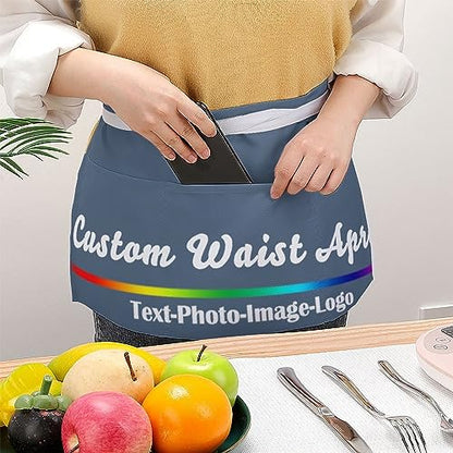 sophiehome Custom Waist Apron with Pockets Add Photo Logo Name Personalized Waiter Server Short Aprons for Kitchen - color: Indigo Blue