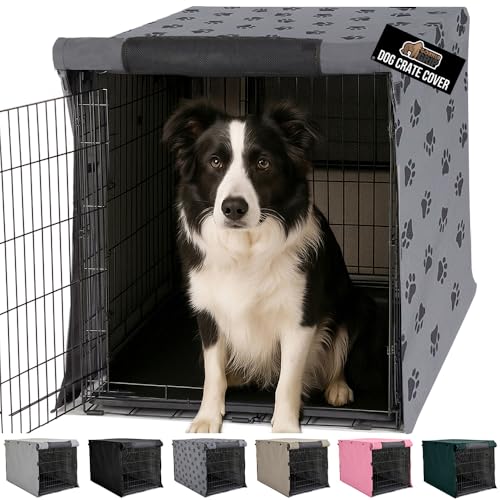 GORILLA GRIP Dog Crate Covers compatible with Amazon Basics Dog Crates, All Sides Open, Privacy Cover Fits 36" Wire Kennel, Breathable Mesh Windows, Light Reducing Puppy Training Cage Topper, Gray Paw - color: Gray Black Paw, size: 36" X 23" X 25"