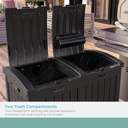 Suncast Dual Trash Hideaway Cabinet for Garbage and Recycle Bags, Discrete Outdoor Trash Cabinet with Concealed Trash Bag Holders, Holds Two 33-Gal. Bags, Made in the USA - color: Black