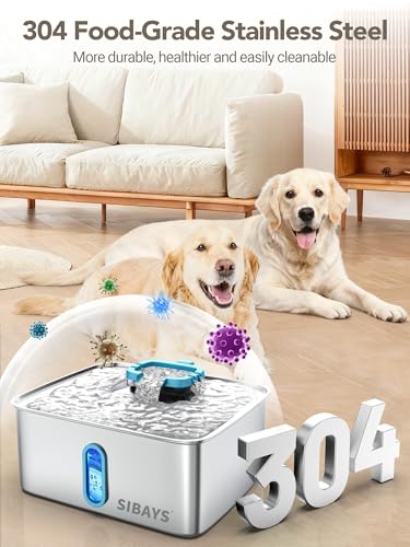 SIBAYS 4Gal/15L Large Dog Water Fountain, Stainless Steel Pet Water Fountain with Water Level Window and LED Light, Ultra Quiet Automatic Dog Water Bowl Dispenser, Easy to Clean(FS78, Silver-Blue) - color: Silver-Blue