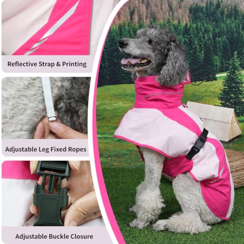 Waterproof Dog Raincoat, Windproof Breathable High Collar Rain Jacket with Leash Hole, Adjustable Pet Rain Coat with Reflective Stripes for Small Medium Large Dogs - color: Dark Pink&Pink, size: Medium