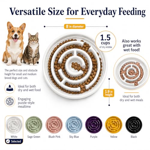 Ceramic Slow Feeder Dog Bowls with Anti-Slip, Slow Feeder & Non-Slip Design, Boredom and Anxiety Reducer, Suitable for All Breed Dogs and Cat (Ceramic-White) - color: Ceramic-White