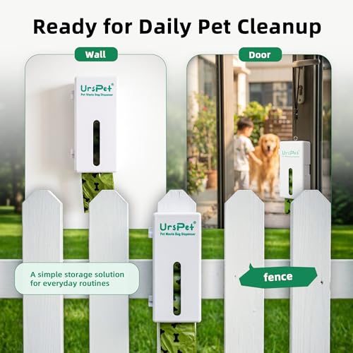 URSPET Dog Poop Bag Dispenser with 4 Rolls, Wall Mount Pet Waste Holder | Stick-On or Screw-On, Viewing Window, Easy Bag Pull, Flip-Top Refill, 60 Bags Included, Indoor and Outdoor Use - color: White