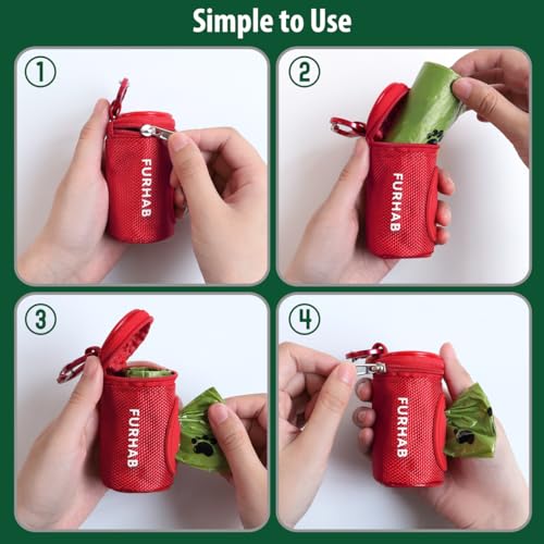 FURHAB Dog Poop Bag Holder for Leash Doggie Waste Bag Dispenser Soft Fabric Puppy Potty Carrier Small Doggy Zipper Pouch with Carabiner Clip 1680D Nylon Oxford with 1 Roll of Pet Trash Bags, Red - color: Red
