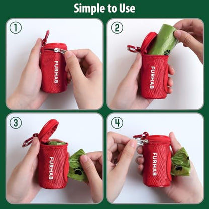 FURHAB Dog Poop Bag Holder for Leash Doggie Waste Bag Dispenser Soft Fabric Puppy Potty Carrier Small Doggy Zipper Pouch with Carabiner Clip 1680D Nylon Oxford with 1 Roll of Pet Trash Bags, Red - color: Red