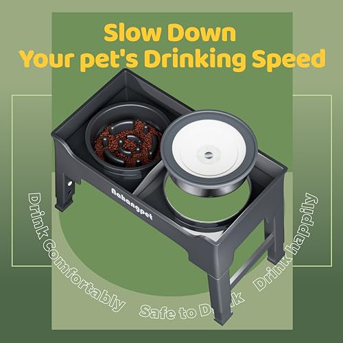 2-in-1 Elevated Dog Bowls, Mess-Proof Slow Feeder with No-Spill Water Bowl, 4 Height Adjustable, 2 Combination Options, Raised Bowl for Small, Medium & Large Dogs (Grey)