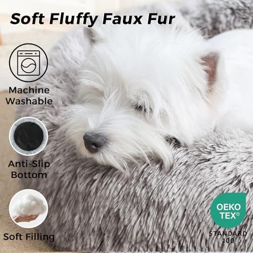 Calming Round Dog Bed & Cat Bed with Anti-Slip Bottom, Medium Size Washable Anti-Anxiety Donut Dog Beds for Small Dogs & Cats, Fluffy Plush Soft Dog Bed(24 Inch, Brown) - color: Brown, size: 24"l x 24"w x 8"th