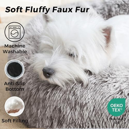 Calming Round Dog Bed & Cat Bed with Anti-Slip Bottom, Medium Size Washable Anti-Anxiety Donut Dog Beds for Small Dogs & Cats, Fluffy Plush Soft Dog Bed(24 Inch, Brown) - color: Brown, size: 24"l x 24"w x 8"th