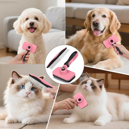 2PCS Self Cleaning Slicker Brush & Dog Comb - Skin Friendly Deshedding Grooming Tool for Dogs, Cats and Small Animals, Professional Deshedding Dematting Tool for Long and Short Haired Pets (Pink) - color: Pink