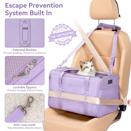 PETSFIT Soft-Sided Cat Carrier with Patented Safety Buckles, Lockable Zippers & Safety Tether,Escape-Resistant Travel Pet Carrier for Car Rides & Vet Visits, Airline Approved Under-Seat, Up to 12 lbs - color: Purple, size: 18.0"L x 11.0"W x 11.0"H