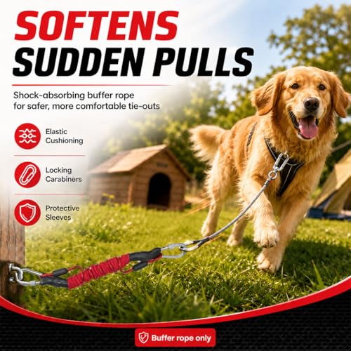 Heavy Duty Dog Tie-Out Bungee Cord, Shock Absorbing Elastic Buffer Extension with Dual Locking Carabiners, Red Stretch Leash for Outdoor Stake, Yard, Camping & Large Dogs