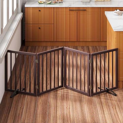 Freestanding Dog Gate Folding Brown Dog Gates for the House Doorways Stairs Pet Gates for Dogs, Doogie Puppy Fence Gate - color: Bamboo Dog Gate Brown, size: 4 Panel - 74 inches Wide