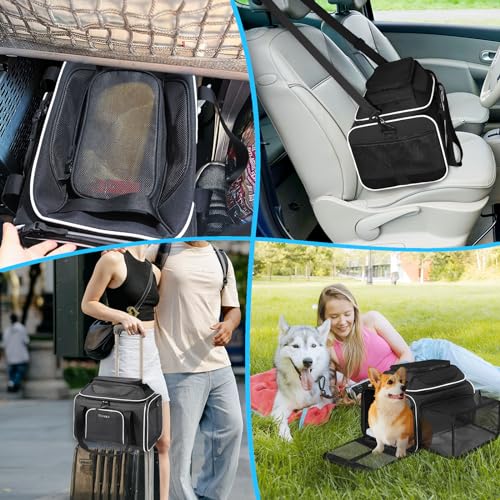 Petskd Top and Side Expandable Pet Carrier 18x11x11 Inches Delta United Airline Approved, Soft-Sided Carrier for Small Cats and Dogs with Locking Safety Zippers and Anti-Scratch Mesh(Black) - color: Black, size: 18.0"L x 11.0"W x 11.0"H