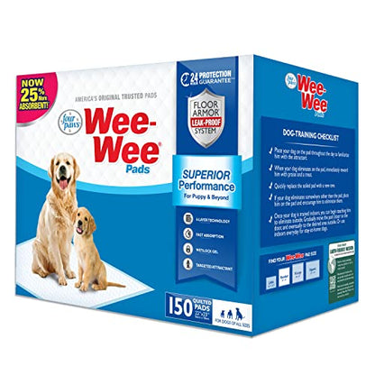 Four Paws Wee-Wee Superior Performance Unscented Pee Pads for Dogs & Puppies, Quilted Leak-Proof Dog Housebreaking Potty Training Floor Protection, 22" x 23", 150 Count - size: 150 Count