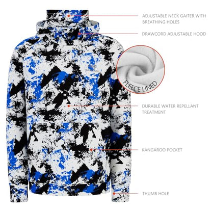 BASSDASH Men’s Fishing Fleece Hoodie with Neck Gaiter Water Resistant Performance Hunting Sweatshirt FS18M - color: Blue&black Camo -No Logo at Sleeve, size: 4X-Large