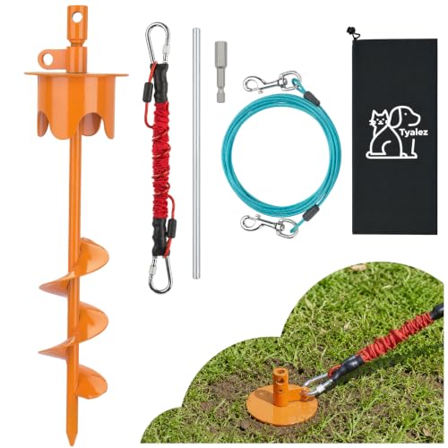 Dog Stakes for Outside Heavy Duty Hold up to 350Lbs Large Dogs Tie Out Tether Leash Chain for Yard Screw in Ground Anchors 17inch with Buffer Rope, Orange, 15 FT Steel Cable - color: Orange, size: 17IN Stake+15FT Cable