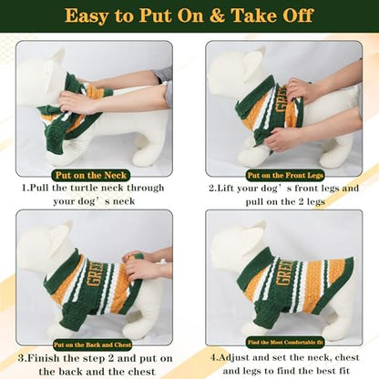 Green Bay Small Dog Sweater Football Theme Turtleneck Knit Dog Sweaters for Small Pets Warm Winter Cat Dog Clothes - color: Green&yellow, size: Large