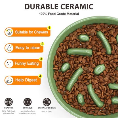 Ceramic Slow Feeder Dog Bowl, 2 Cups Dog Food Bowls for Small, Medium, and Large Breed, Anti-Slip Puzzle Food Dish to Slow Down Eating (Green, 2 Cups) - color: Maze - Green