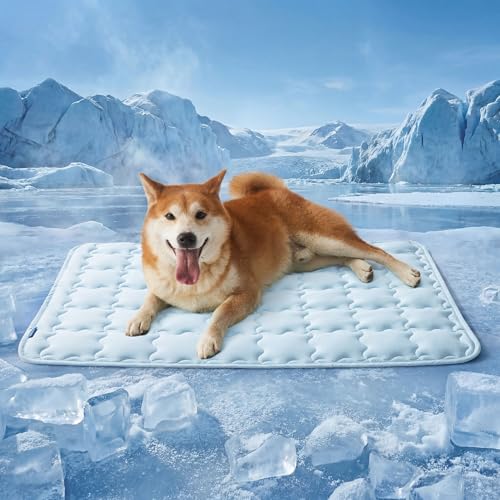 Bedsure Cooling Mat for Large Dogs, Q-Max>0.5 Thin Breathable Cold Crate Pad for Pet, Portable Washable Kennel Bed for Summer Active Dog with Chill Cool Soothing Fabric to Rapid Cooling, 35x23, Blue - color: Baby Blue, size: 35" x 23" (L-Crate)