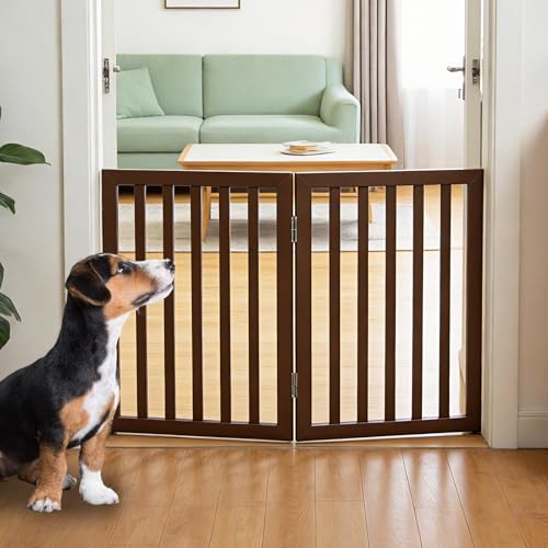 Dog Gate Indoor, Freestanding Dog Fence for The House, Doorways, Hallways,or Stairs,Pet Gate Foldable Wooden,Expandable 24" Height 2 Panels,Brown - color: Brown, size: 【2 Panels】40‘’w x 24''h