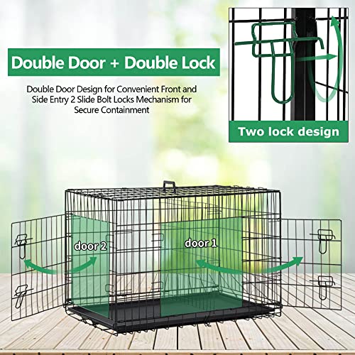 24'' Foldable Metal Wire Dog Crate Double Door, Folding Portable Dog Cage Double Lock, Collapsible Small Dog Crate w/Leak-Proof Pan/Divider/Handle, Puppy Crate Dog Kennel for Small Dogs Indoor