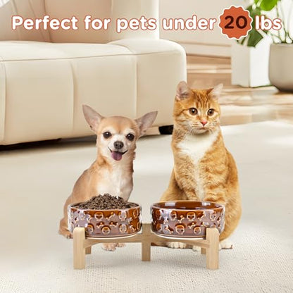 SPUNKYJUNKY Elevated Dog Bowls Ceramic, 5.1'' Dogs and Cat Food Water Bowls Raised with Non-Slip Bamboo Stand for Puppy Small Sized Breed Microwave Dishwasher Safe - 13.5 OZ,Skull Bronze - color: Bronze - Skull, size: 5.1 in - 1.7 cups