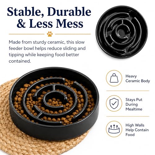 Slow Feeder Dog Bowls, Silicone Dog Bowl with Anti-Slip, Slow Feeder & Non-Slip Design, Boredom and Anxiety Reducer, Suitable for All Breed Dogs and Cat (Ceramic-Black) - color: Ceramic-Black